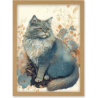 Artery8 Fluffy Cat in Wildflowers Teal & Orange Watercolour Illustration Artwork Framed Wall Art Print A4 in Light Oak
