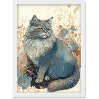 Artery8 Fluffy Cat in Wildflowers Teal & Orange Watercolour Illustration Artwork Framed Wall Art Print A4 in White