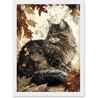 Artery8 Maine Coon Cat in Autumn Leaves Modern Watercolour Ink Illustration Artwork Framed Wall Art Print A4 in White