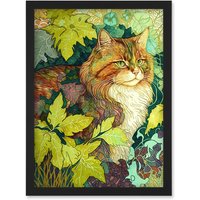 Artery8 Ginger Cat Hiding in the Bush Tree Modern Colourful Illustration Artwork Framed Wall Art Print A4 in Black
