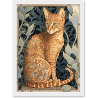 Artery8 Ocicat Cat with Flower Pattern Fur Coat Art Nouveau Watercolour Illustration Artwork Framed Wall Art Print A4 in White
