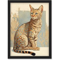Artery8 Ocicat Cat with Turquoise Rosette Pattern Fur Modern Watercolour Illustration Artwork Framed Wall Art Print A4 in Black