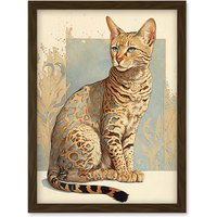 Artery8 Ocicat Cat with Turquoise Rosette Pattern Fur Modern Watercolour Illustration Artwork Framed Wall Art Print A4 in Brown