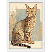 Artery8 Ocicat Cat with Turquoise Rosette Pattern Fur Modern Watercolour Illustration Artwork Framed Wall Art Print A4 in White