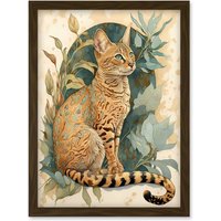 Artery8 Ocicat Cat with Teal Rosette Pattern Fur & Leafy Plants Watercolour Illustration Artwork Framed Wall Art Print A4 in Brown
