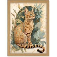 Artery8 Ocicat Cat with Teal Rosette Pattern Fur & Leafy Plants Watercolour Illustration Artwork Framed Wall Art Print A4 in Light Oak
