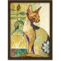 Artery8 Shorthair Cat with Art Nouveau Botanical Patterns Colourful Watercolour Illustration Artwork Framed Wall Art Print A4 in Brown
