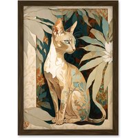 Artery8 Shorthair Cat Botanical Pattern Fur & Plants Modern Art Nouveau Watercolour Illustration Artwork Framed Wall Art Print A4 in Brown