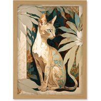 Artery8 Shorthair Cat Botanical Pattern Fur & Plants Modern Art Nouveau Watercolour Illustration Artwork Framed Wall Art Print A4 in Light Oak