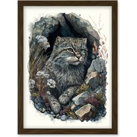 Artery8 Wild Cat in Rock Cavity with Wildflowers Detailed Watercolour Illustration Artwork Framed Wall Art Print A4 in Brown