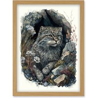 Artery8 Wild Cat in Rock Cavity with Wildflowers Detailed Watercolour Illustration Artwork Framed Wall Art Print A4 in Light Oak
