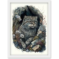 Artery8 Wild Cat in Rock Cavity with Wildflowers Detailed Watercolour Illustration Artwork Framed Wall Art Print A4 in White