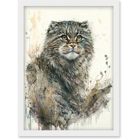 Artery8 Manul Pallas Cat Portrait in Wildflowers Watercolour Illustration Artwork Framed Wall Art Print A4 in White