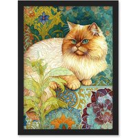 Artery8 Orange Persian Cat William Morris Inspired Floral Pattern Colourful Modern Illustration Artwork Framed Wall Art Print A4 in Black