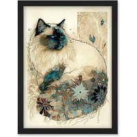 Artery8 Ragdoll Cat with Floral Pattern Tail Modern Watercolour Illustration Artwork Framed Wall Art Print A4 in Black