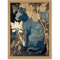 Artery8 Russian Blue Cat with Autumn Plants & Floral Pattern Fur Coat Modern Silkscreen Illustration Artwork Framed Wall Art Print A4 in Light Oak