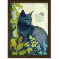 Artery8 Russian Blue Cat with Bright Ornate Plants Modern Art Nouveau Illustration Artwork Framed Wall Art Print A4 in Brown