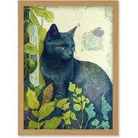 Artery8 Russian Blue Cat with Bright Ornate Plants Modern Art Nouveau Illustration Artwork Framed Wall Art Print A4 in Light Oak