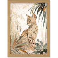 Artery8 Savannah Cat with Colourful Fur Pattern in Nature Modern Watercolour Illustration Artwork Framed Wall Art Print A4 in Light Oak