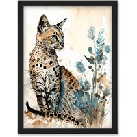 Artery8 Savannah Cat & Wildflowers Modern Watercolour & Ink Illustration Artwork Framed Wall Art Print A4 in Black