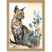 Artery8 Savannah Cat & Wildflowers Modern Watercolour & Ink Illustration Artwork Framed Wall Art Print A4 in Light Oak