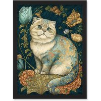 Artery8 William Morris Inspired Cute Cat with Floral Pattern Fur & Flowers Colourful Modern Illustration Artwork Framed Wall Art Print A4 in Black