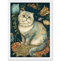Artery8 William Morris Inspired Cute Cat with Floral Pattern Fur & Flowers Colourful Modern Illustration Artwork Framed Wall Art Print A4 in White