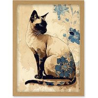 Artery8 Siamese Cat with Blue Flowers Watercolour & Ink Modern Illustration Artwork Framed Wall Art Print A4 in Light Oak