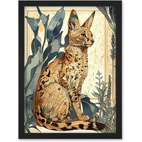Artery8 Serval Cat with Teal Plants Watercolour Portrait Modern Illustration Artwork Framed Wall Art Print A4 in Black