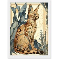Artery8 Serval Cat with Teal Plants Watercolour Portrait Modern Illustration Artwork Framed Wall Art Print A4 in White