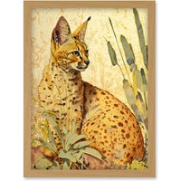 Artery8 Serval Cat in Nature Detailed Watercolour & Ink Bright Illustration Artwork Framed Wall Art Print A4 in Light Oak