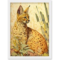 Artery8 Serval Cat in Nature Detailed Watercolour & Ink Bright Illustration Artwork Framed Wall Art Print A4 in White