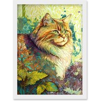 Artery8 Siberian Cat in Nature Vibrant Colourful Modern Portrait Illustration Artwork Framed Wall Art Print A4 in White
