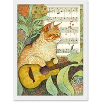 Artery8 Orange Tubby Cat with Guitar & Sheet Music in Floral Art Nouveau Pattern Artwork Framed Wall Art Print A4 in White
