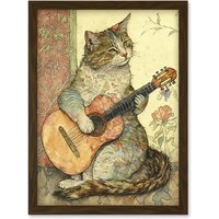 Artery8 Street Musician Cat with Guitar by Flower Pattern Mural Pastel Watercolour Illustration Artwork Framed Wall Art Print A4 in Brown