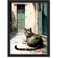 Artery8 Street Cat Sunbathing on Cobblestone Street Modern Illustration Artwork Framed Wall Art Print A4 in Black