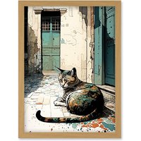 Artery8 Street Cat Sunbathing on Cobblestone Street Modern Illustration Artwork Framed Wall Art Print A4 in Light Oak