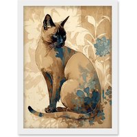 Artery8 Tonkinese Cat with Blue Flower Modern Watercolour Illustration Artwork Framed Wall Art Print A4 in White