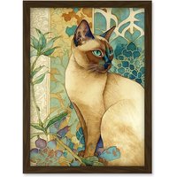 Artery8 Tonkinese Cat with Art Nouveau Botanical Patterns Colourful Watercolour Illustration Artwork Framed Wall Art Print A4 in Brown