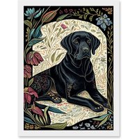 Artery8 Black Labrador Dog with Floral Patterns Vintage Inspired Linocut Illustration Artwork Framed Wall Art Print A4 in White