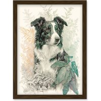 Artery8 Border Collie Dog in Field Modern Colour Pencil Portrait Illustration Artwork Framed Wall Art Print A4 in Brown