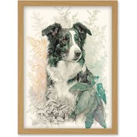 Artery8 Border Collie Dog in Field Modern Colour Pencil Portrait Illustration Artwork Framed Wall Art Print A4 in Light Oak
