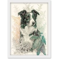 Artery8 Border Collie Dog in Field Modern Colour Pencil Portrait Illustration Artwork Framed Wall Art Print A4 in White