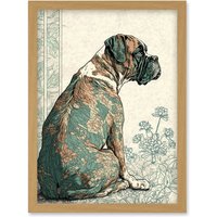 Artery8 Boxer Dog with Floral Pattern Fur Coat Modern Watercolour & Ink Illustration Artwork Framed Wall Art Print A4 in Light Oak