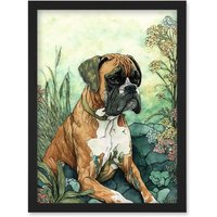 Artery8 Boxer Dog in Flower Field Colourful Watercolour Illustration Artwork Framed Wall Art Print A4 in Black