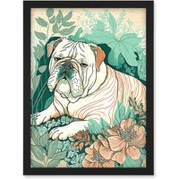 Artery8 Bulldog Lying in a Flower Field Modern Pastel Colour Linocut Illustration Artwork Framed Wall Art Print A4 in Black