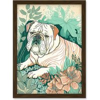 Artery8 Bulldog Lying in a Flower Field Modern Pastel Colour Linocut Illustration Artwork Framed Wall Art Print A4 in Brown