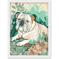 Artery8 Bulldog Lying in a Flower Field Modern Pastel Colour Linocut Illustration Artwork Framed Wall Art Print A4 in White