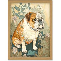 Artery8 Bulldog with Ornate Pattern Fur Coat in Flower Field Modern Watercolour Illustration Artwork Framed Wall Art Print A4 in Light Oak