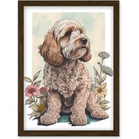 Artery8 Cockapoo Dog with Spring Wildflowers Soft Watercolour Illustration Artwork Framed Wall Art Print A4 in Brown